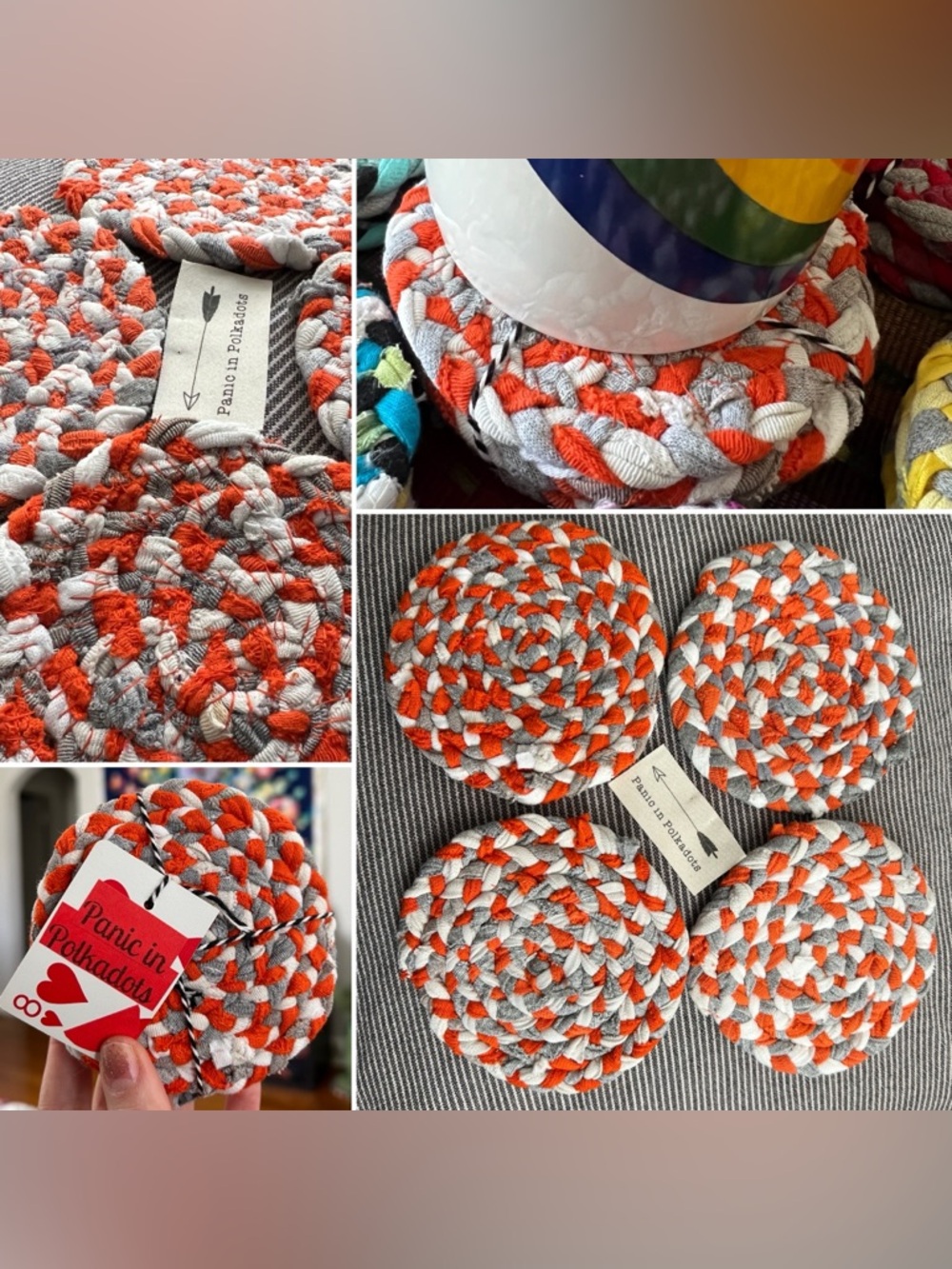Set of Four Braided Coasters - Orange Grey